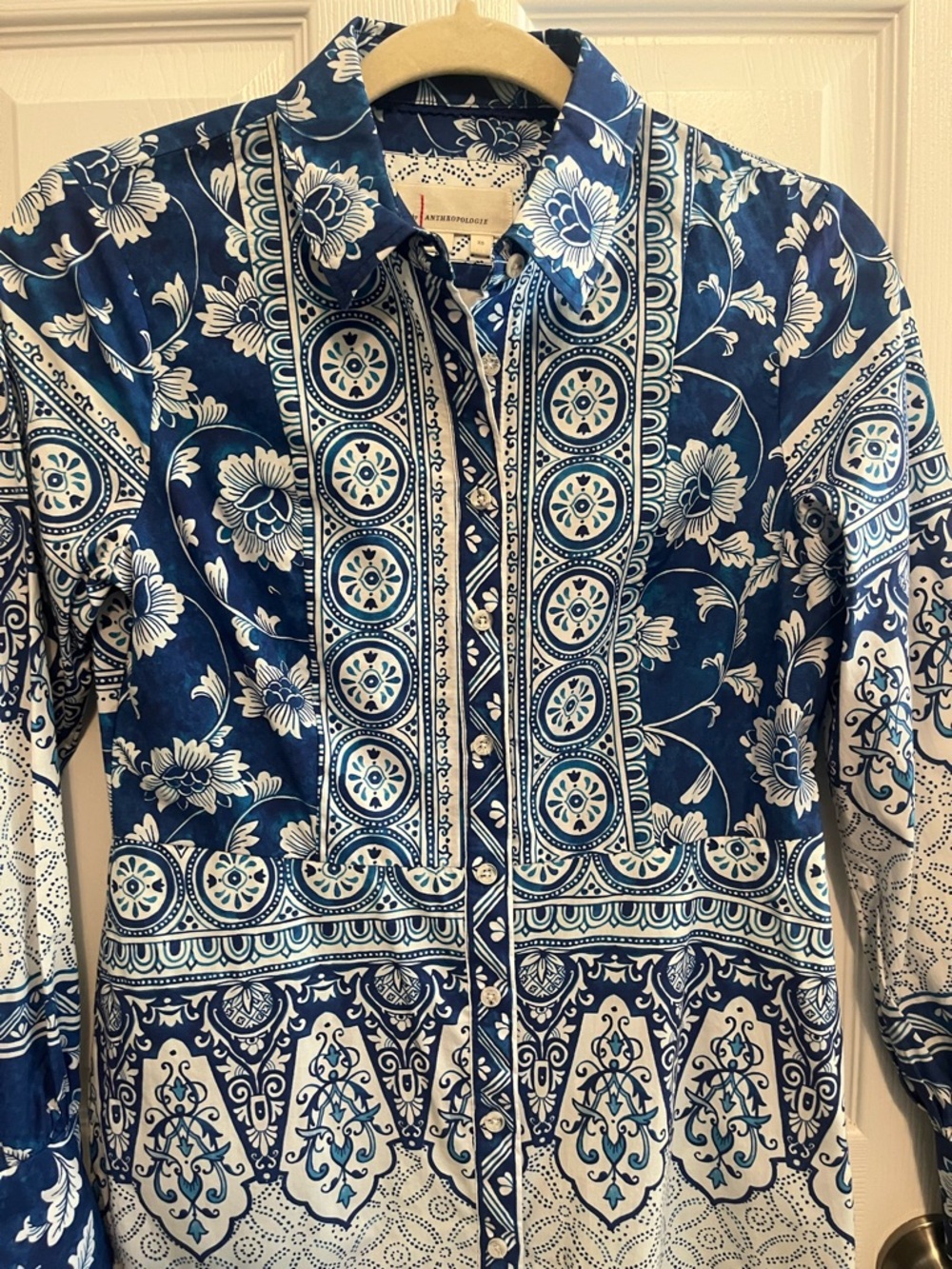Anthro Blue White Tile Print Shirt Dress XS Button Down Coastal Preppy Chic - Picture 6 of 12
